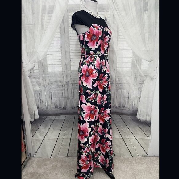 Adrianna Papell Pink Black Illusion Floral Mikado Gown Dress Formal Full Length - Picture 3 of 16